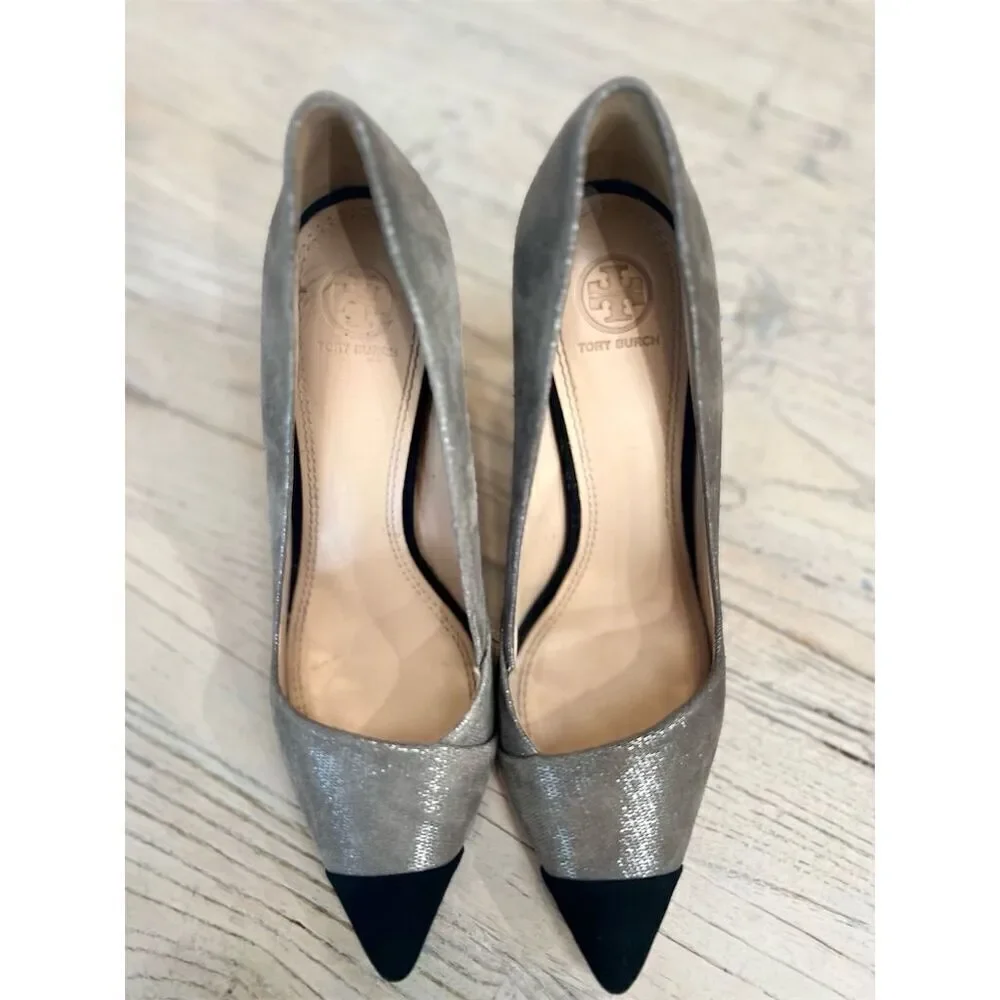 Tory Burch Shaila Heel Women's Pumps Gray Silver Black Cap Toe Size 9.5